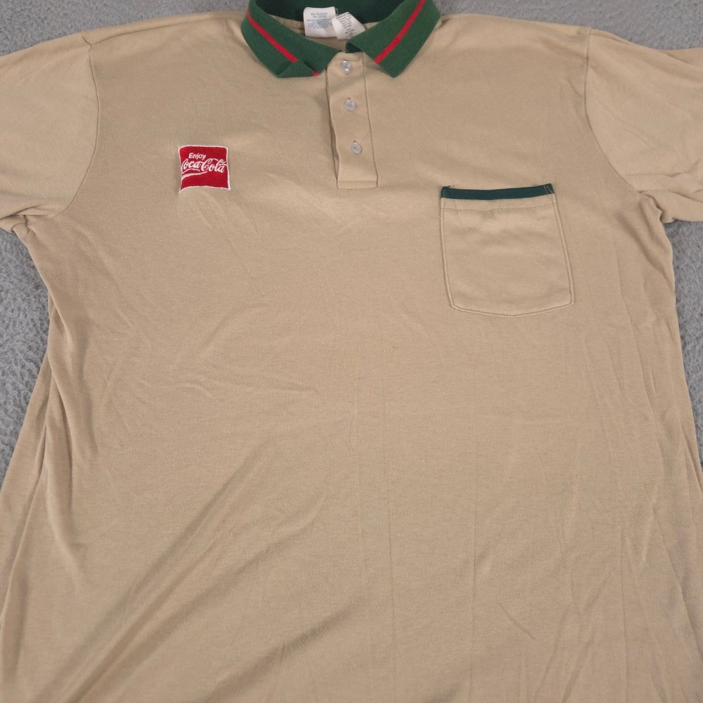 VINTAGE Unitog Polo Shirt Mens L Tan Coca-Cola Patch Cotton Blend Pocket 80s